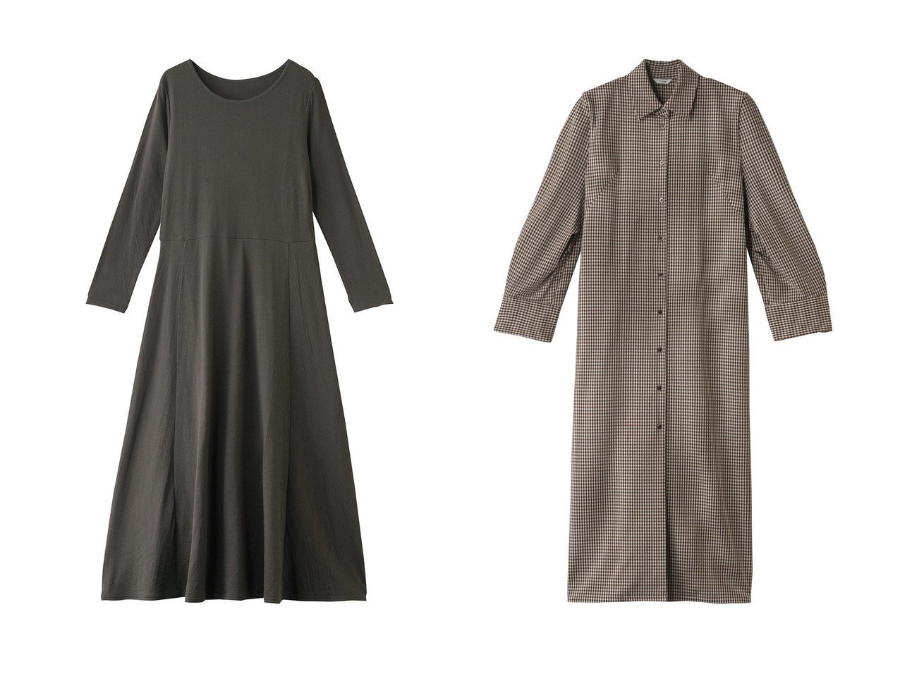 【nanadecor/ナナデコール】のリラックスコットンフレアワンピース&【CLANE/クラネ】のPOWER SHOULDER CHECK SHIRT ONEPIECE ワンピース 【ワンピース、ドレス  人気通販 コーディネート通販】おすすめ！人気、トレンド、レディースファッションの通販    おすすめ人気トレンドファッション通販アイテム インテリア・キッズ・メンズ・レディースファッション・服の通販 founy(ファニー) 　ファッション　Fashion　レディースファッション　WOMEN　ワンピース　Dress　チュニック　Tunic　A/W・秋冬　Aw・Autumn/Winter・Fw・Fall-Winter　シェイプ　Shape　ショルダー　Shoulder　チェック　Check　チュニック　Tunic　フェミニン　Feminine　ロング　Long　エレガント 上品　Elegant　NEW・新作・新着・新入荷　New Arrivals　ベージュ系　Beige　グレー系　Gray　|ID:crp329100000202359