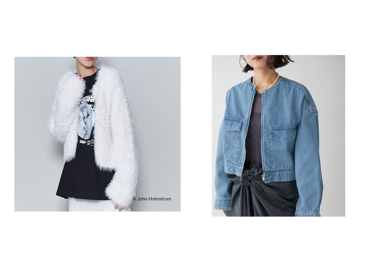 【IENA/イエナ】のカレンテージ 別注 ノーカラーデニムジャケット&【BEAUTY&YOUTH / UNITED ARROWS/ビューティ&ユース ユナイテッドアローズ】の6(ROKU) チュール ニット カーディガン 【  人気ファッション通販 コーディネート通販】おすすめ！人気、トレンド、レディースファッションの通販 おすすめ人気トレンドファッション通販アイテム インテリア・キッズ・メンズ・レディースファッション・服の通販 founy(ファニー) 　ファッション　Fashion　レディースファッション　WOMEN　トップス・カットソー　Tops/Tshirt　ニット　Knit Tops　カーディガン　Cardigans　アウター　Coat Outerwear　ジャケット　Jackets　デニムジャケット　Denim Jackets　おすすめ　Recommend　カーディガン　Cardigan　キャミソール　Camisole　ジャケット　Jacket　スーツ　Suit　セットアップ　Set Up　チュール　Tulle　パープル　Purple　フェザー　Feather　ショート　Short　スタンダード　Standard　デニム　Denim　バランス　Balance　ヴィンテージ　Vintage　別注　Special Order　ホワイト系　White　パープル系　Purple　ブルー系　Blue　|ID:crp329100000203248