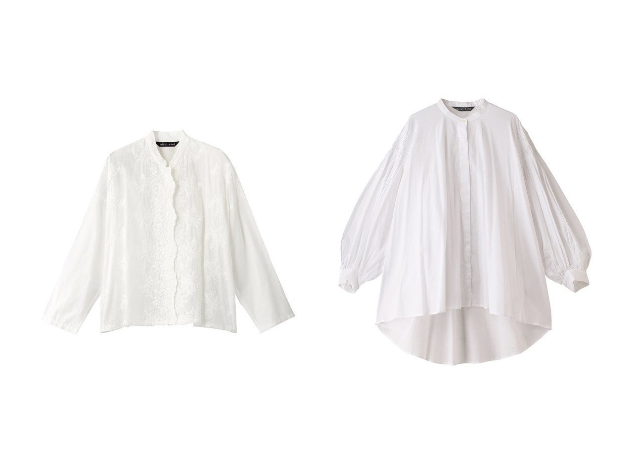 【mizuiro ind/ミズイロ インド】のスタンドカラーレースワイドシャツ&pin tucked puff slv shirt シャツ 【ECで売れてるランキング上位の人気ファッション通販 コーディネート通販】おすすめ！トレンド、レディースファッションの通販  おすすめ人気トレンドファッション通販アイテム インテリア・キッズ・メンズ・レディースファッション・服の通販 founy(ファニー) 　ファッション　Fashion　レディースファッション　WOMEN　トップス・カットソー　Tops/Tshirt　シャツ/ブラウス　Shirts/Blouses　シアー　Sheer　スカラップ　Scalloped　スタンド　Stand　スリーブ　Sleeve　フラワー　Flower　フロント　Front　ロング　Long　ホワイト系　White　ブラック系　Black　グレー系　Gray　ブルー系　Blue　|ID:crp329100000203377