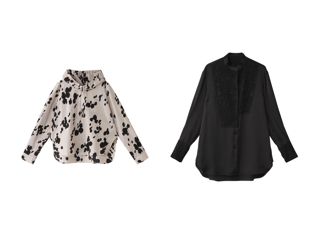 【CINOH/チノ】のBLACK FORMAL レースアシンメトリックブザムシャツ&【mizuiro ind/ミズイロ インド】のdalmatian pattern print shirt シャツ 【トップス、カットソー 人気ファッション通販 コーディネート通販】おすすめ！人気、トレンド、レディースファッションの通販  おすすめ人気トレンドファッション通販アイテム インテリア・キッズ・メンズ・レディースファッション・服の通販 founy(ファニー) 　ファッション　Fashion　レディースファッション　WOMEN　トップス・カットソー　Tops/Tshirt　シャツ/ブラウス　Shirts/Blouses　ロング / Tシャツ　T-Shirts　2025年　2025　A/W・秋冬　Aw・Autumn/Winter・Fw・Fall-Winter　S/S・春夏　Ss・Spring/Summer　カフス　Cuffs　サテン　Satin　スリーブ　Sleeve　チュール　Tulle　マニッシュ　Mannish　レース　Race　ロング　Long　夏　Summer　定番　Standard　春　Spring　バランス　Balance　ボトム　Bottom　エレガント 上品　Elegant　NEW・新作・新着・新入荷　New Arrivals　ブラック系　Black　|ID:crp329100000203819