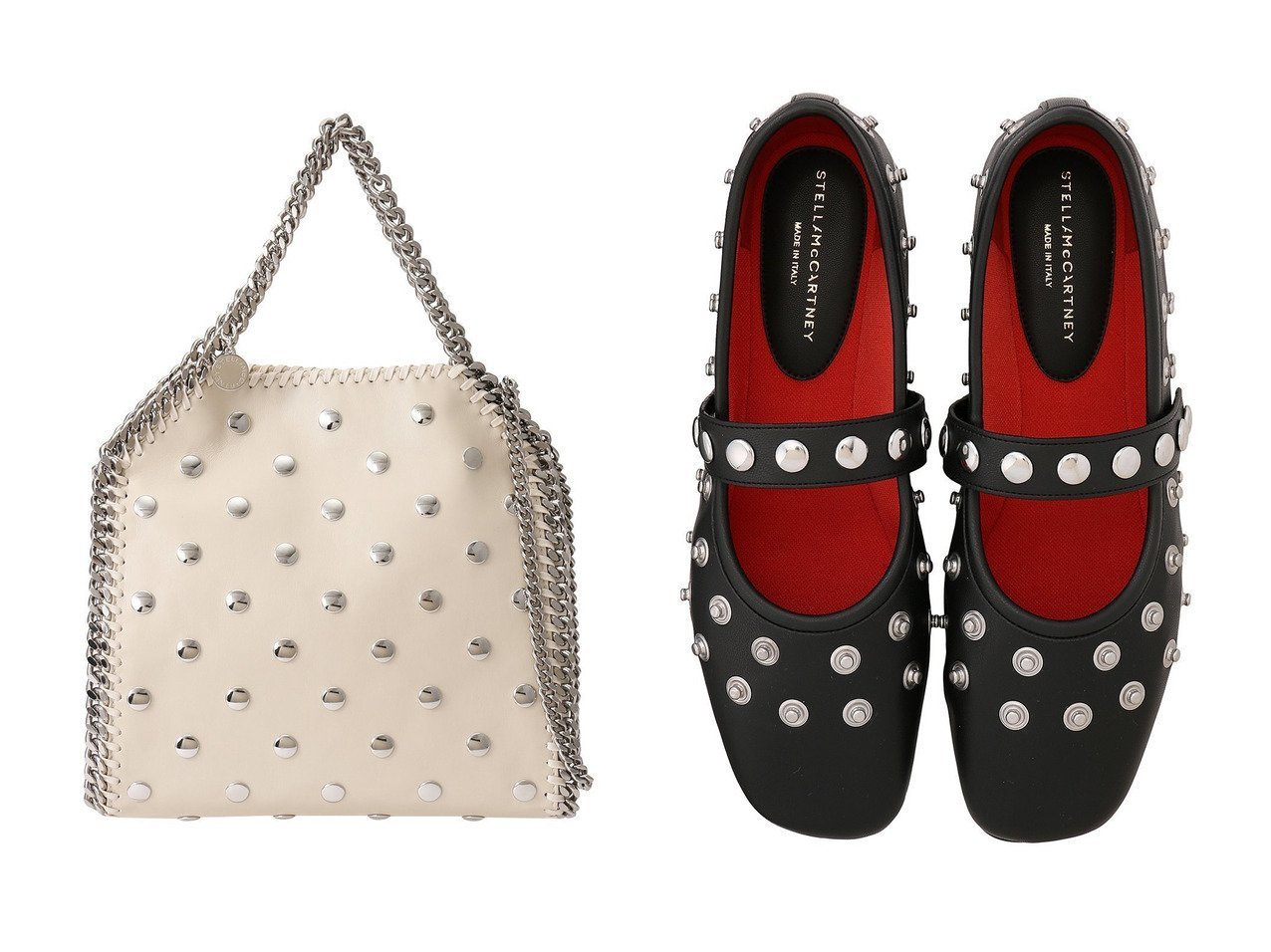 【STELLA McCARTNEY/ステラ マッカートニー】の【ELLE SHOP 15th×ELLE JAPON 35th限定】Falabella Mini スタッズ付き2wayトートバッグ&スタッズメリージェーンフラットシューズ 【ECで売れてるランキング上位の人気ファッション通販 コーディネート通販 / Popular clothes】おすすめ！トレンド、レディースファッションの通販   おすすめ人気トレンドファッション通販アイテム インテリア・キッズ・メンズ・レディースファッション・服の通販 founy(ファニー) 　ファッション　Fashion　レディースファッション　WOMEN　バッグ　Bag　ショルダー　Shoulder　スタッズ　Studs　スペシャル　Special　ハンド　Hand　ハンドバッグ　Handbag　パーティ　Party　ラグジュアリー　Luxury　エレガント 上品　Elegant　人気　Popularity　シューズ　Shoes　シルバー　Silver　フェイクレザー　Faux Leather　フェミニン　Feminine　フラット　Flat　ラップ　Wrap　ホワイト系　White　ブラック系　Black　|ID:crp329100000205661