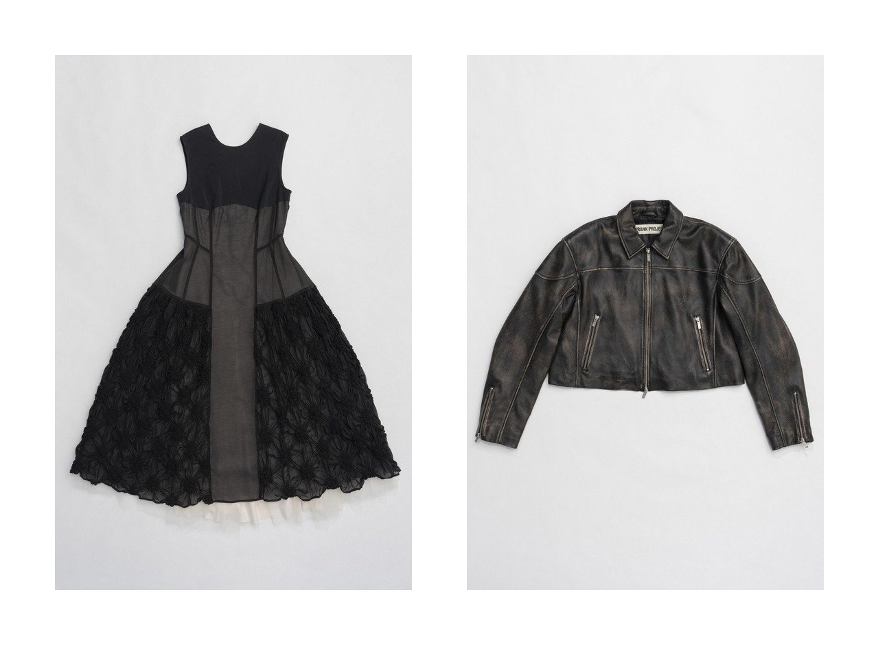 【PRANK PROJECT/プランク プロジェクト】のフラワーシャーリングパネルワンピース Flower shirring panel dress&レザークロップドモトジャケット Leather Cropped Moto Jacket 【 人気ファッション通販 コーディネート通販】おすすめ！人気、トレンド、レディースファッションの通販  おすすめ人気トレンドファッション通販アイテム インテリア・キッズ・メンズ・レディースファッション・服の通販 founy(ファニー) 　ファッション　Fashion　レディースファッション　WOMEN　ワンピース　Dress　ドレス　Party Dresses　チュニック　Tunic　アウター　Coat Outerwear　ジャケット　Jackets　ブルゾン　Blouson/Jackets　インナー　Inner　春　Spring　カッティング　Cutting　シアー　Sheer　シャーリング　Shirring　ストレッチ　Stretch　スニーカー　Sneakers　チュニック　Tunic　チュール　Tulle　長袖　Long Sleeve　バランス　Balance　フラワー　Flower　フロント　Front　モチーフ　Motif　リネン　Linen　レース　Race　ロング　Long　A/W・秋冬　Aw・Autumn/Winter・Fw・Fall-Winter　S/S・春夏　Ss・Spring/Summer　夏　Summer　エレガント 上品　Elegant　2025年　2025　ブラック系　Black　|ID:crp329100000205701