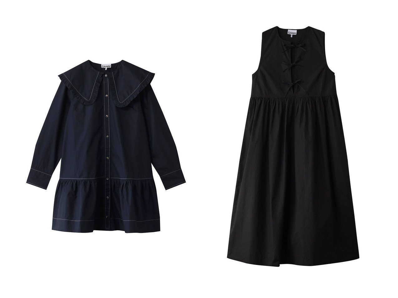 【GANNI/ガニー】のCotton Poplin Midi ドレス&Cotton Poplin Big Collar ミニ シャツドレス 【ワンピース、ドレス  人気ファッション通販 コーディネート通販】おすすめ！人気、トレンド、レディースファッションの通販  おすすめ人気トレンドファッション通販アイテム インテリア・キッズ・メンズ・レディースファッション・服の通販 founy(ファニー) 　ファッション　Fashion　レディースファッション　WOMEN　ワンピース　Dress　ドレス　Party Dresses　チュニック　Tunic　2025年　2025　A/W・秋冬　Aw・Autumn/Winter・Fw・Fall-Winter　S/S・春夏　Ss・Spring/Summer　チュニック　Tunic　ドレス　Dress　フェミニン　Feminine　フロント　Front　リボン　Ribbon　夏　Summer　春　Spring　ブラック系　Black　ブルー系　Blue　|ID:crp329100000206373