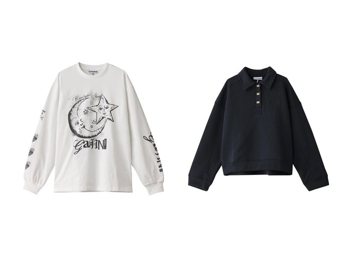 【GANNI/ガニー】のHeavy Fleece ドロップショルダーポロシャツ&Future Heavy Jersey Moon ロングスリーブTシャツ 【トップス、カットソー  人気ファッション通販 コーディネート通販】おすすめ！人気、トレンド、レディースファッションの通販  おすすめ人気トレンドファッション通販アイテム 人気、トレンドファッション・服の通販 founy(ファニー) ファッション Fashion レディースファッション WOMEN トップス・カットソー Tops/Tshirt シャツ/ブラウス Shirts/Blouses ロング / Tシャツ T-Shirts カットソー Cut and Sewn パーカ Sweats ポロシャツ Polo Shirts スウェット Sweat 2025年 2025 A/W・秋冬 Aw・Autumn/Winter・Fw・Fall-Winter S/S・春夏 Ss・Spring/Summer カーゴパンツ Cargo Pants スリーブ Sleeve デニム Denim フォルム Form プリーツ Pleats モチーフ Motif ロング Long 夏 Summer 春 Spring クロップド Cropped ショルダー Shoulder トレンド Trend ドロップ Drop バランス Balance ポロシャツ Polo Shirt 長袖 Long Sleeve |ID:crp329100000206384