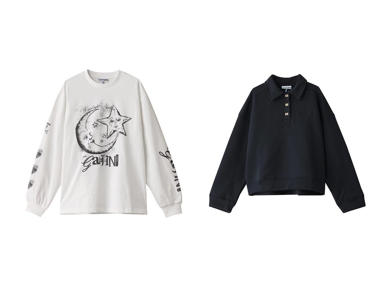 【GANNI/ガニー】のHeavy Fleece ドロップショルダーポロシャツ&Future Heavy Jersey Moon ロングスリーブTシャツ 【トップス、カットソー  人気ファッション通販 コーディネート通販】おすすめ！人気、トレンド、レディースファッションの通販  おすすめ人気トレンドファッション通販アイテム インテリア・キッズ・メンズ・レディースファッション・服の通販 founy(ファニー) 　ファッション　Fashion　レディースファッション　WOMEN　トップス・カットソー　Tops/Tshirt　シャツ/ブラウス　Shirts/Blouses　ロング / Tシャツ　T-Shirts　カットソー　Cut and Sewn　パーカ　Sweats　ポロシャツ　Polo Shirts　スウェット　Sweat　2025年　2025　A/W・秋冬　Aw・Autumn/Winter・Fw・Fall-Winter　S/S・春夏　Ss・Spring/Summer　カーゴパンツ　Cargo Pants　スリーブ　Sleeve　デニム　Denim　フォルム　Form　プリーツ　Pleats　モチーフ　Motif　ロング　Long　夏　Summer　春　Spring　クロップド　Cropped　ショルダー　Shoulder　トレンド　Trend　ドロップ　Drop　バランス　Balance　ポロシャツ　Polo Shirt　長袖　Long Sleeve　ホワイト系　White　ブルー系　Blue　|ID:crp329100000206384