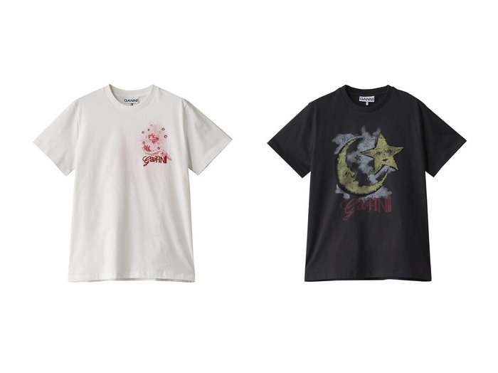 【GANNI/ガニー】のBasic Jersey Celestial Poster Relaxed T-shirt&Basic Jersey Moonlight リラックスTシャツ 【トップス、カットソー  人気ファッション通販 コーディネート通販】おすすめ！人気、トレンド、レディースファッションの通販  おすすめ人気トレンドファッション通販アイテム 人気、トレンドファッション・服の通販 founy(ファニー) ファッション Fashion レディースファッション WOMEN トップス・カットソー Tops/Tshirt シャツ/ブラウス Shirts/Blouses ロング / Tシャツ T-Shirts カットソー Cut and Sewn 2025年 2025 A/W・秋冬 Aw・Autumn/Winter・Fw・Fall-Winter S/S・春夏 Ss・Spring/Summer ショート Short スキニーデニム Skinny Denim スリーブ Sleeve プリント Print リラックス Relax ワイド Wide 夏 Summer 春 Spring 軽量 Lightweight |ID:crp329100000206385