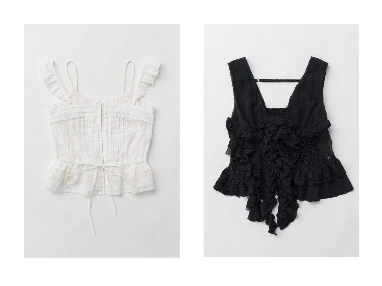 【PRANK PROJECT/プランク プロジェクト】のコットンレースビスチェ Cotton Lace Bustier&ミックスフリルトップ Mixed Frill Top 【 人気ファッション通販 コーディネート通販】おすすめ！人気、トレンド、レディースファッションの通販  おすすめ人気トレンドファッション通販アイテム インテリア・キッズ・メンズ・レディースファッション・服の通販 founy(ファニー) 　ファッション　Fashion　レディースファッション　WOMEN　トップス・カットソー　Tops/Tshirt　キャミソール / ノースリーブ　No Sleeves　シャツ/ブラウス　Shirts/Blouses　ロング / Tシャツ　T-Shirts　カットソー　Cut and Sewn　ビスチェ　Bustier　2025年　2025　2025春夏・S/S　Ss,Spring/Summer,2025　カーゴパンツ　Cargo Pants　キャミソール　Camisole　セットアップ　Set Up　タンク　Tank　デニム　Denim　ビスチェ　Bustier　フロント　Front　ボトム　Bottom　モダン　Modern　レース　Race　今季　This Season　夏　Summer　春　Spring　S/S・春夏　Ss・Spring/Summer　インナー　Inner　サテン　Satin　シアー　Sheer　シャーリング　Shirring　ショーツ　Shorts　シンプル　Simple　ジャージ　Jersey　ストレッチ　Stretch　ノースリーブ　No Sleeve　フリル　Frills　ミックス　Mix　メッシュ　Mesh　おすすめ　Recommend　ホワイト系　White　|ID:crp329100000207855