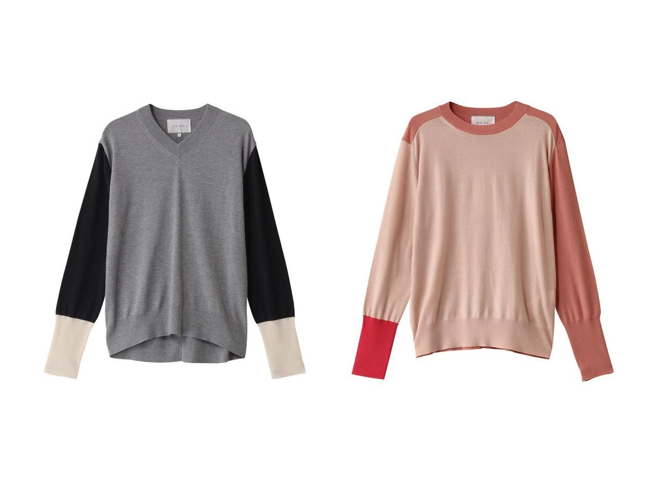 【BEIGE,/ベイジ,】のBURNET(バーネット)/カラーミックスVネックトップ&BURNET(バーネット)/カラーミックスクルーネックトップ 【トップス、カットソー 人気ファッション通販 コーディネート通販】おすすめ！人気、トレンド、レディースファッションの通販  おすすめ人気トレンドファッション通販アイテム インテリア・キッズ・メンズ・レディースファッション・服の通販 founy(ファニー) 　ファッション　Fashion　レディースファッション　WOMEN　トップス・カットソー　Tops/Tshirt　ニット　Knit Tops　プルオーバー　Pullover　Vネック　V-Neck　2025年　2025　2025春夏・S/S　Ss,Spring/Summer,2025　スリーブ　Sleeve　ベーシック　Basic　ミックス　Mix　ロング　Long　夏　Summer　春　Spring　S/S・春夏　Ss・Spring/Summer　グリーン系　Green　ブルー系　Blue　ブラック系　Black　レッド系　Red　|ID:crp329100000208094