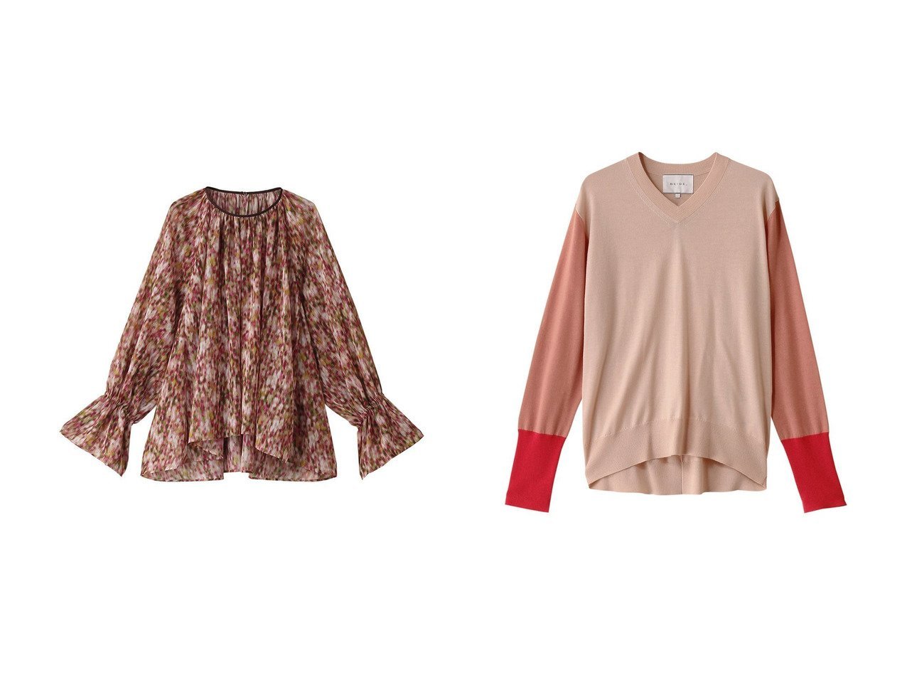 【BEIGE,/ベイジ,】のBURNET(バーネット)/カラーミックスVネックトップ&BORONIA(ボロニア)/フラワーシフォンブラウス 【トップス、カットソー 人気ファッション通販 コーディネート通販】おすすめ！人気、トレンド、レディースファッションの通販  おすすめ人気トレンドファッション通販アイテム インテリア・キッズ・メンズ・レディースファッション・服の通販 founy(ファニー) 　ファッション　Fashion　レディースファッション　WOMEN　トップス・カットソー　Tops/Tshirt　シャツ/ブラウス　Shirts/Blouses　ニット　Knit Tops　プルオーバー　Pullover　Vネック　V-Neck　2025年　2025　2025春夏・S/S　Ss,Spring/Summer,2025　ギャザー　Gather　シフォン　Chiffon　スプリング　Spring　スリーブ　Sleeve　フェミニン　Feminine　フラワー　Flower　プリント　Print　ロング　Long　夏　Summer　春　Spring　S/S・春夏　Ss・Spring/Summer　レッド系　Red　|ID:crp329100000208095