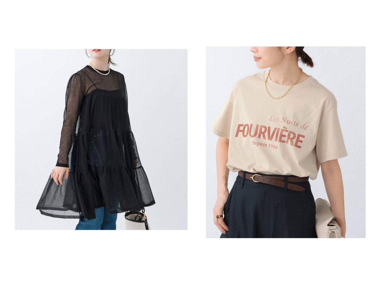 【IENA/イエナ】のFOURVIERE Tシャツ&ティアードシアーミニワンピース 【 人気ファッション通販 コーディネート通販】おすすめ！人気、トレンド、レディースファッションの通販  おすすめ人気トレンドファッション通販アイテム インテリア・キッズ・メンズ・レディースファッション・服の通販 founy(ファニー) 　ファッション　Fashion　レディースファッション　WOMEN　ワンピース　Dress　トップス・カットソー　Tops/Tshirt　シャツ/ブラウス　Shirts/Blouses　ロング / Tシャツ　T-Shirts　2025年　2025　2025春夏・S/S　Ss,Spring/Summer,2025　おすすめ　Recommend　カットソー　Cut And Sew　シアー　Sheer　デニム　Denim　フェミニン　Feminine　長袖　Long Sleeve　プリント　Print　ブラック系　Black　グレー系　Gray　ホワイト系　White　ベージュ系　Beige　|ID:crp329100000208142