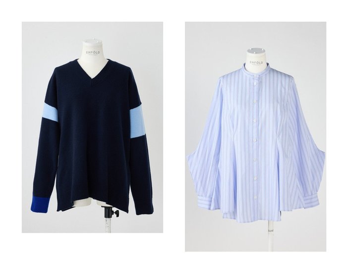 【ENFOLD/エンフォルド】のVネックカラーブロックP.プルオーバー&Broadcloth stripe フレアシャツ 【ECで売れてるランキング上位の人気ファッション通販 コーディネート通販 / Popular clothes】おすすめ！トレンド、レディースファッションの通販  おすすめ人気トレンドファッション通販アイテム 人気、トレンドファッション・服の通販 founy(ファニー) ファッション Fashion レディースファッション WOMEN トップス・カットソー Tops/Tshirt ニット Knit Tops プルオーバー Pullover Vネック V-Neck シャツ/ブラウス Shirts/Blouses ブロック Block エレガント 上品 Elegant 2025年 2025 2025春夏・S/S Ss,Spring/Summer,2025 スリーブ Sleeve フェミニン Feminine フレア Flare ベスト Vest ロング Long 夏 Summer 春 Spring S/S・春夏 Ss・Spring/Summer |ID:crp329100000208272