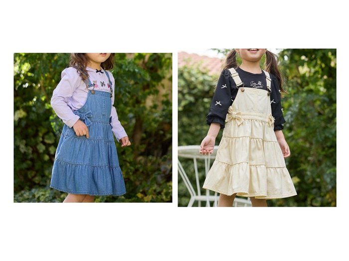 【any FAM / KIDS/エニファム】のティアード デニムジャンパースカート 【KIDS】子供服のおすすめ！人気トレンド・キッズ ファッションの通販  おすすめ人気トレンドファッション通販アイテム 人気、トレンドファッション・服の通販 founy(ファニー) 　ファッション　Fashion　キッズファッション　KIDS　ワンピース　Dress/Kids　インナー　Inner　春　Spring　ガーリー　Girly　ティアード　Tiered　ポケット　Pocket　リボン　Ribbon　ロング　Long　S/S・春夏　Ss・Spring/Summer　NEW・新作・新着・新入荷　New Arrivals　夏　Summer　|ID:crp329100000208441