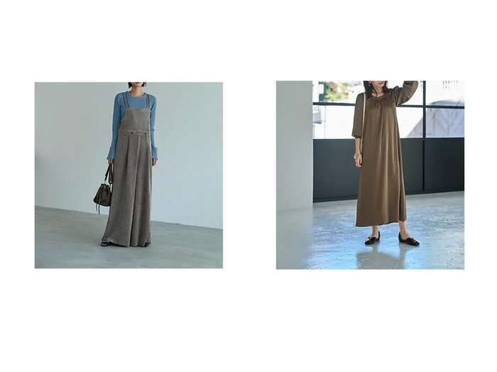 【STYLE DELI/スタイルデリ】の【LUXE】ノーブルサテンギャザーワンピース&Wストラップコーデュロイサロペット 【ワンピース、ドレス 人気ファッション通販 コーディネート通販】おすすめ！人気、トレンド、レディースファッションの通販  おすすめ人気トレンドファッション通販アイテム 人気、トレンドファッション・服の通販 founy(ファニー) 　ファッション　Fashion　レディースファッション　WOMEN　ワンピース　Dress　サロペット　Salopette　コーデュロイ　Corduroy　サロペット　Overalls　スリット　Slit　フロント　Front　ポケット　Pocket　ラップ　Wrap　ループ　Loop　ワイド　Wide　冬　Winter　夏　Summer　エレガント 上品　Elegant　インナー　Inner　春　Spring　ギャザー　Gather　サテン　Satin　ジャケット　Jacket　スニーカー　Sneakers　スリーブ　Sleeve　タートル　Turtle　ドレープ　Drape　なめらか　Smooth　長袖　Long Sleeve　ハイネック　High Neck　フォルム　Form　ロング　Long　A/W・秋冬　Aw・Autumn/Winter・Fw・Fall-Winter　|ID:crp329100000209037