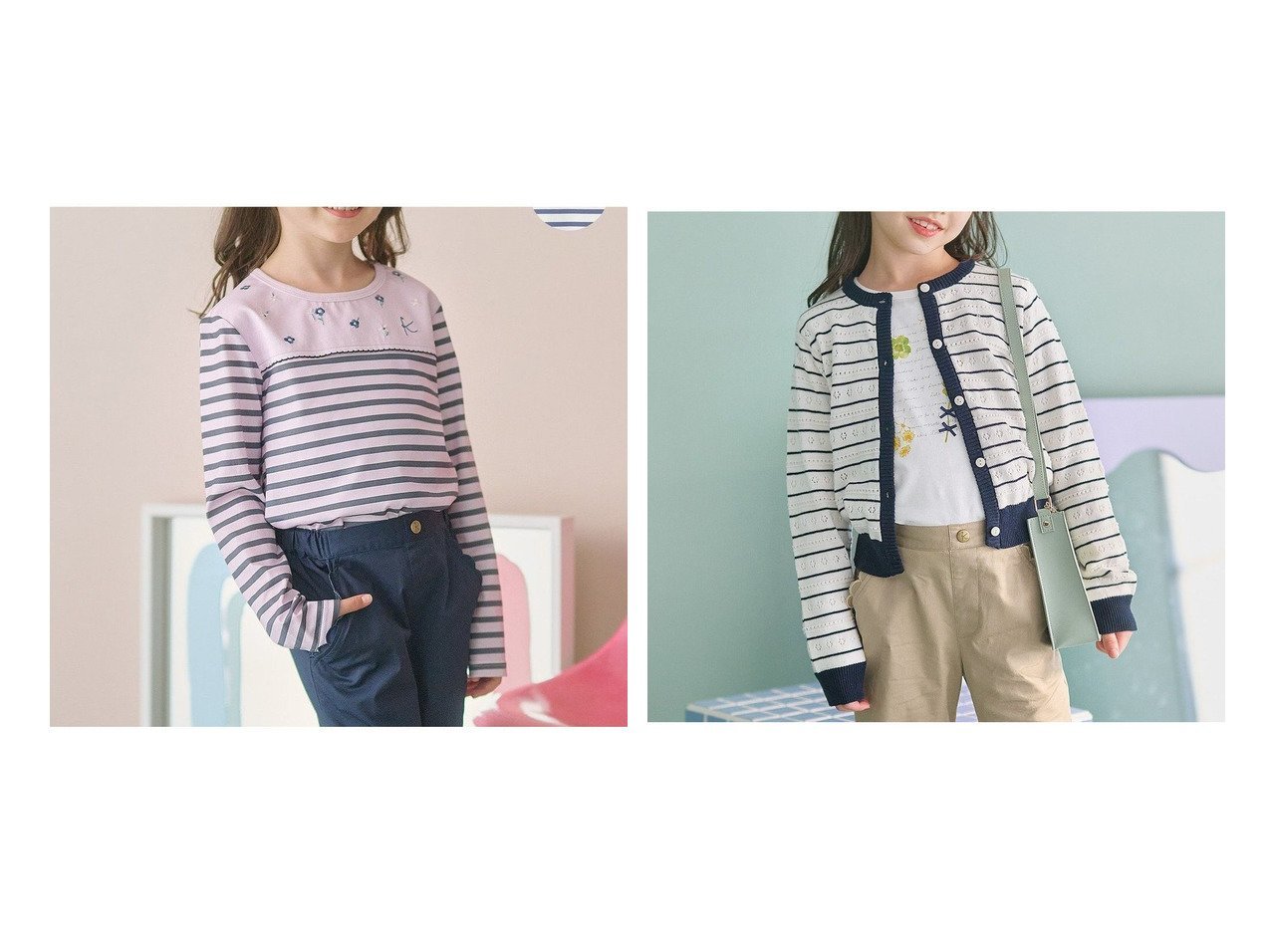 【KUMIKYOKU/組曲 / KIDS】の【110-140㎝】フラワー刺繍ボーダー Tシャツ&【110-140㎝】フラワーアイレット カーディガン 【KIDS　子供服、キッズファッション通販】 おすすめ人気トレンドファッション通販アイテム インテリア・キッズ・メンズ・レディースファッション・服の通販 founy(ファニー) 　ファッション　Fashion　キッズファッション　KIDS　トップス・カットソー　Tops/Tees/Kids　NEW・新作・新着・新入荷　New Arrivals　カットソー　Cut And Sew　フラワー　Flower　プレーン　Plane　ボーダー　Border　夏　Summer　春　Spring　S/S・春夏　Ss・Spring/Summer　ブルー系　Blue　|ID:crp329100000210749