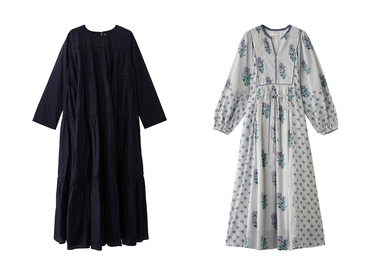 【NE QUITTEZ PAS/ヌキテパ】のCOTTON JACQUARD LILY プリント シャーリングワンピース&COTTON VOILE ティアード マキシドレス 【ワンピース、ドレス】 おすすめ人気トレンドファッション通販アイテム インテリア・キッズ・メンズ・レディースファッション・服の通販 founy(ファニー) 　ファッション　Fashion　レディースファッション　WOMEN　ワンピース　Dress　ドレス　Party Dresses　チュニック　Tunic　サンダル　Sandals　シューズ　Shoes　チュニック　Tunic　ティアード　Tiered　ドレス　Dress　フェミニン　Feminine　フラット　Flat　マキシ　Maxi　レース　Race　ロング　Long　NEW・新作・新着・新入荷　New Arrivals　ブルー系　Blue　グレー系　Gray　グリーン系　Green　|ID:crp329100000212992