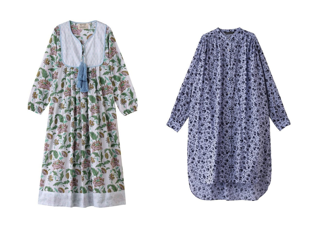 【SZ Blockprints/エスゼット ブロックプリント】の【日本限定】KITTY DRESS ISA ワンピース&【mizuiro ind/ミズイロ インド】のsmall flower print gather shirt OP ワンピース 【ワンピース、ドレス】 おすすめ人気トレンドファッション通販アイテム インテリア・キッズ・メンズ・レディースファッション・服の通販 founy(ファニー) 　ファッション　Fashion　レディースファッション　WOMEN　ワンピース　Dress　ドレス　Party Dresses　チュニック　Tunic　チュニック　Tunic　フリンジ　Fringe　プリント　Print　リゾート　Resort　夏　Summer　NEW・新作・新着・新入荷　New Arrivals　スリット　Slit　トレンド　Trend　フラワー　Flower　ロング　Long　エレガント 上品　Elegant　春　Spring　S/S・春夏　Ss・Spring/Summer　グリーン系　Green　ブルー系　Blue　グレー系　Gray　|ID:crp329100000212993