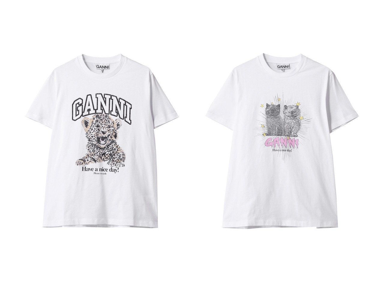 【GANNI/ガニー】のBasic Jersey Leopard リラックスTシャツ&Basic Jersey Kittens リラックスTシャツ 【トップス、カットソー】 おすすめ人気トレンドファッション通販アイテム インテリア・キッズ・メンズ・レディースファッション・服の通販 founy(ファニー) 　ファッション　Fashion　レディースファッション　WOMEN　トップス・カットソー　Tops/Tshirt　シャツ/ブラウス　Shirts/Blouses　ロング / Tシャツ　T-Shirts　カットソー　Cut and Sewn　ショート　Short　スリーブ　Sleeve　リラックス　Relax　夏　Summer　NEW・新作・新着・新入荷　New Arrivals　ホワイト系　White　|ID:crp329100000213021