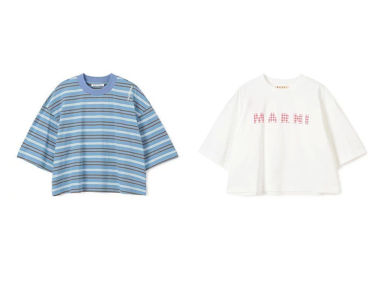 【MARNI/マルニ】のT-SHIRT&T-SHIRT 【トップス、カットソー】 おすすめ人気トレンドファッション通販アイテム インテリア・キッズ・メンズ・レディースファッション・服の通販 founy(ファニー) 　ファッション　Fashion　レディースファッション　WOMEN　トップス・カットソー　Tops/Tshirt　シャツ/ブラウス　Shirts/Blouses　ロング / Tシャツ　T-Shirts　2025年　2025　2025春夏・S/S　Ss,Spring/Summer,2025　ギンガム　Gingham　コンパクト　Compact　チェック　Check　バランス　Balance　リラックス　Relax　レトロ　Retro　今季　This Season　半袖　Short Sleeve　洗える　Washable　ホワイト系　White　ブルー系　Blue　|ID:crp329100000213303