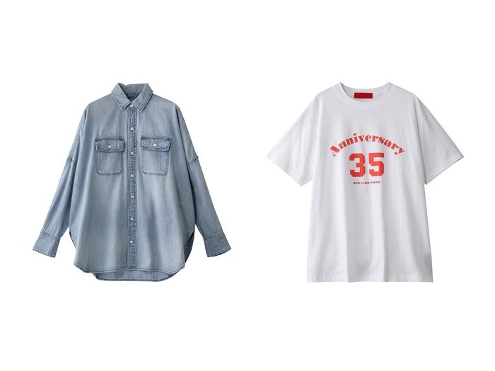 【RED CARD TOKYO/レッドカード トーキョー】の35th Anniversary - Tシャツ&Brooklyn デニムシャツ 【トップス、カットソー】 おすすめ人気トレンドファッション通販アイテム 人気、トレンドファッション・服の通販 founy(ファニー) 　ファッション　Fashion　レディースファッション　WOMEN　トップス・カットソー　Tops/Tshirt　シャツ/ブラウス　Shirts/Blouses　ロング / Tシャツ　T-Shirts　カットソー　Cut and Sewn　ショルダー　Shoulder　スリーブ　Sleeve　デニム　Denim　ドロップ　Drop　ロング　Long　夏　Summer　NEW・新作・新着・新入荷　New Arrivals　春　Spring　S/S・春夏　Ss・Spring/Summer　|ID:crp329100000213658