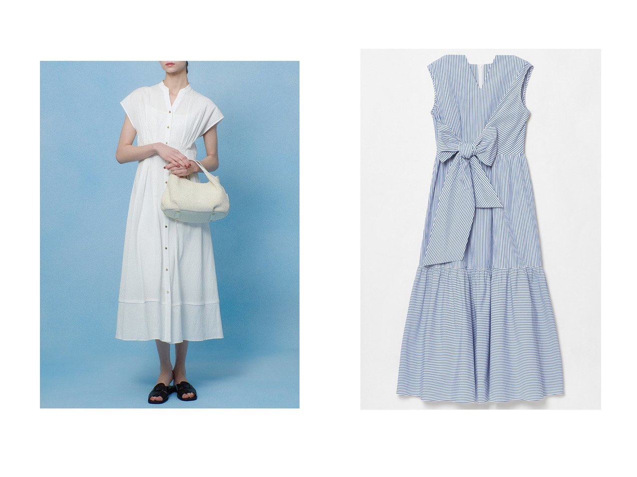 【allureville/アルアバイル】の【LOULOU WILLOUGHBY】リップルタックワンピース&【LOULOU WILLOUGHBY】ストライプリボンワンピース 【ワンピース、ドレス】 おすすめ人気トレンドファッション通販アイテム インテリア・キッズ・メンズ・レディースファッション・服の通販 founy(ファニー) 　ファッション　Fashion　レディースファッション　WOMEN　ワンピース　Dress　チュニック　Tunic　チュニック　Tunic　フィット　Fit　フレア　Flare　ロング　Long　夏　Summer　NEW・新作・新着・新入荷　New Arrivals　ホワイト系　White　ブルー系　Blue　|ID:crp329100000214449