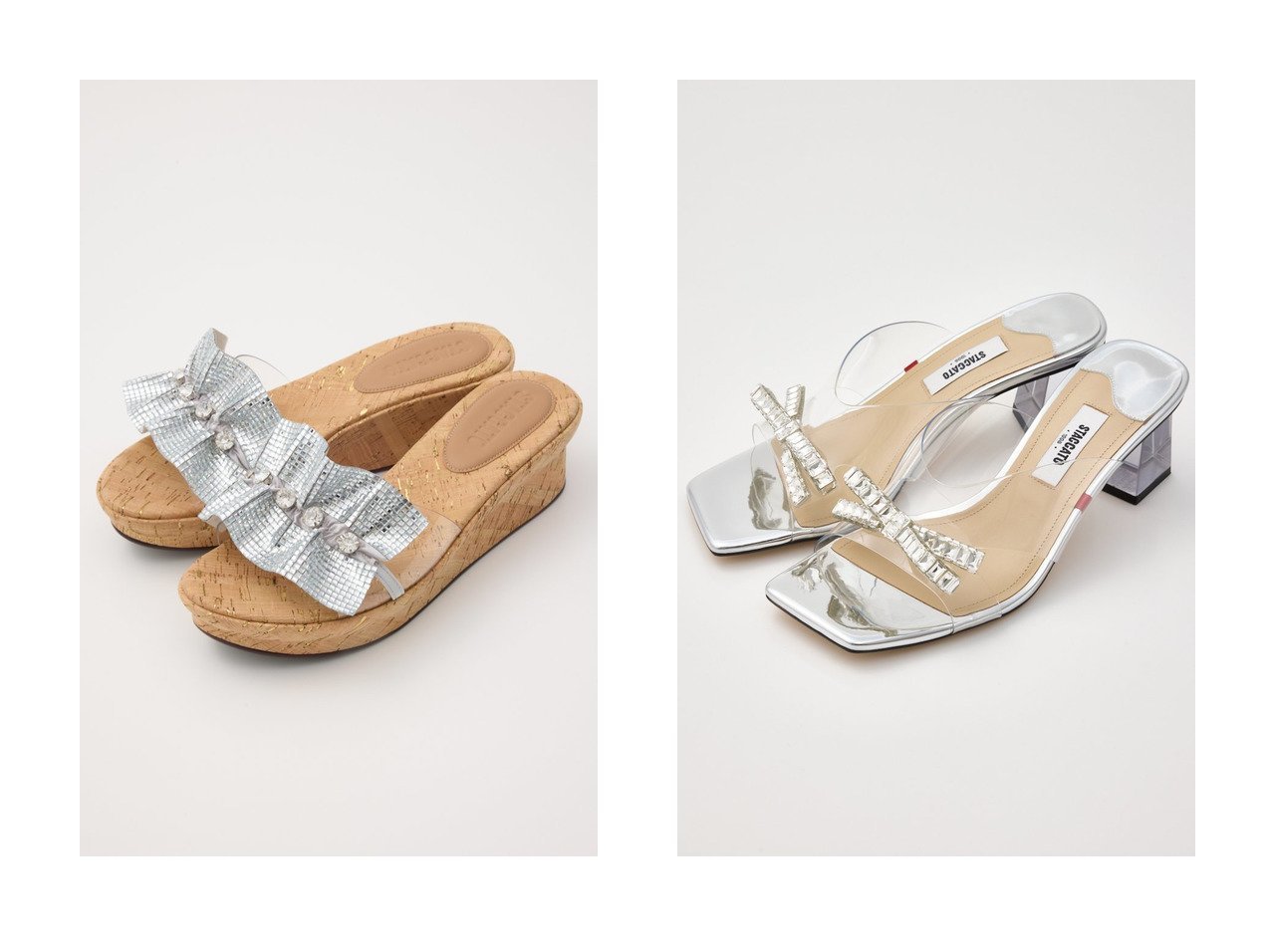 【STACCATO/スタッカート】のラッフルストーンコルクプラットフォームサンダル&スィンリボンクリアヒールサンダル 【シューズ・靴】 おすすめ人気トレンドファッション通販アイテム インテリア・キッズ・メンズ・レディースファッション・服の通販 founy(ファニー) 　ファッション　Fashion　レディースファッション　WOMEN　エレガント 上品　Elegant　コルク　Cork　サンダル　Sandals　ストーン　Stone　ビジュー　Bijou　人気　Popularity　吸水　Water Absorption　NEW・新作・新着・新入荷　New Arrivals　軽量　Lightweight　スクエア　Square　ブロック　Block　リボン　Ribbon　夏　Summer　ゴールド系　Gold　|ID:crp329100000216707
