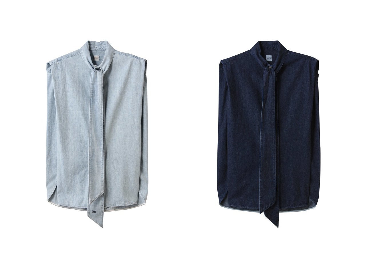 【BOWTE/バウト】のセルビッジデニムボウタイブラウス 【トップス、カットソー】 おすすめ人気トレンドファッション通販アイテム インテリア・キッズ・メンズ・レディースファッション・服の通販 founy(ファニー) 　ファッション　Fashion　レディースファッション　WOMEN　トップス・カットソー　Tops/Tshirt　キャミソール / ノースリーブ　No Sleeves　シャツ/ブラウス　Shirts/Blouses　サマー　Summer　スリーブ　Sleeve　デニム　Denim　ノースリーブ　No Sleeve　フレンチ　French　ボトム　Bottom　今季　This Season　NEW・新作・新着・新入荷　New Arrivals　ブルー系　Blue　|ID:crp329100000216738