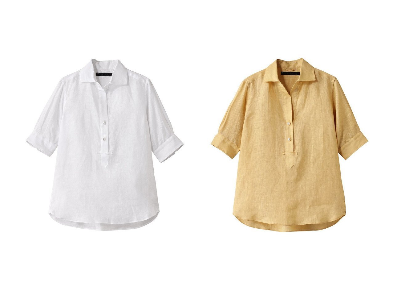 【martinique/マルティニーク】の《定番》五分袖パールスキッパーシャツ 【トップス、カットソー】 おすすめ人気トレンドファッション通販アイテム インテリア・キッズ・メンズ・レディースファッション・服の通販 founy(ファニー) 　ファッション　Fashion　レディースファッション　WOMEN　トップス・カットソー　Tops/Tshirt　シャツ/ブラウス　Shirts/Blouses　スキッパー　Skipper　スリーブ　Sleeve　センター　Center　デニム　Denim　パール　Pearl　リネン　Linen　ロング　Long　定番　Standard　NEW・新作・新着・新入荷　New Arrivals　ホワイト系　White　イエロー系　Yellow　ブルー系　Blue　|ID:crp329100000216739