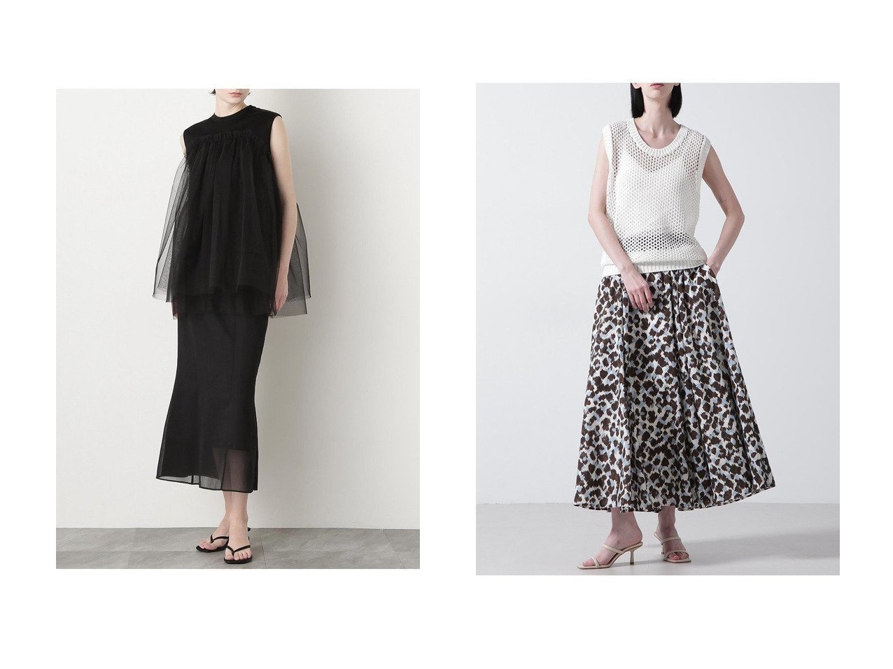 【hueLe Museum/ヒューエルミュージアム】の【STUMBLY】Sheer Satin Combi Skirt&【STUMBLY】Printed Flare Skirt おすすめ人気トレンドファッション通販アイテム インテリア・キッズ・メンズ・レディースファッション・服の通販 founy(ファニー) 　ファッション　Fashion　レディースファッション　WOMEN　スカート　Skirt　ロングスカート　Long Skirt　オーガンジー　Organdy　サテン　Satin　バランス　Balance　フロント　Front　ベーシック　Basic　マーメイド　Mermaid　モダン　Modern　ロング　Long　ギャザー　Gather　クール　Cool　ドット　Dot　プリント　Print　レオパード　Leopard　定番　Standard　ブラック系　Black　ベージュ系　Beige　ブルー系　Blue　ピンク系　Pink　|ID:crp329100000216831