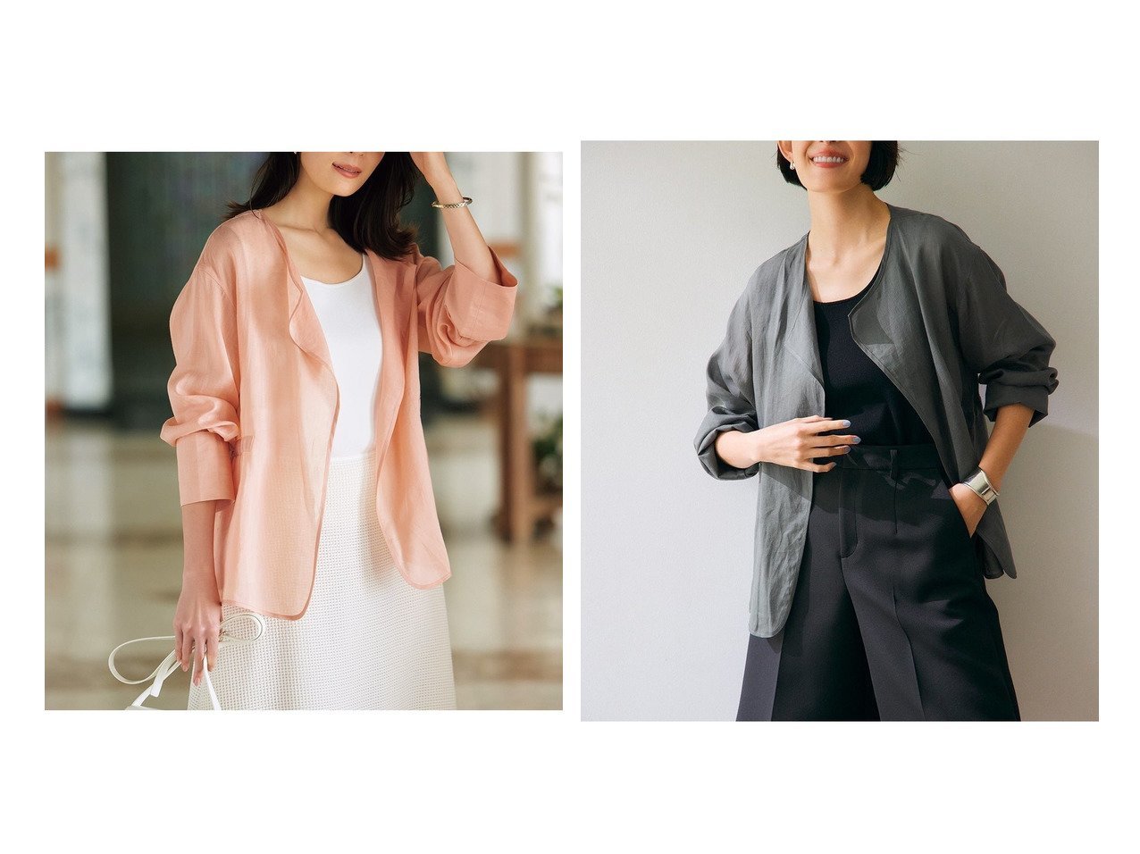 【DoCLASSE/ドゥクラッセ】のシアーラミー・ノーカラージャケット 【40代50代からの婦人服 通販サイトで人気ランキング上位、おすすめ!レディースファッション通販 / Popular clothes】  おすすめ人気トレンドファッション通販アイテム インテリア・キッズ・メンズ・レディースファッション・服の通販 founy(ファニー) 　ファッション　Fashion　レディースファッション　WOMEN　アウター　Coat Outerwear　ジャケット　Jackets　ノーカラージャケット　No Collar Leather Jackets　NEW・新作・新着・新入荷　New Arrivals　ジャケット　Jacket　ドレープ　Drape　リボン　Ribbon　ベージュ系　Beige　レッド系　Red　ブラック系　Black　グレー系　Gray　|ID:crp329100000216939