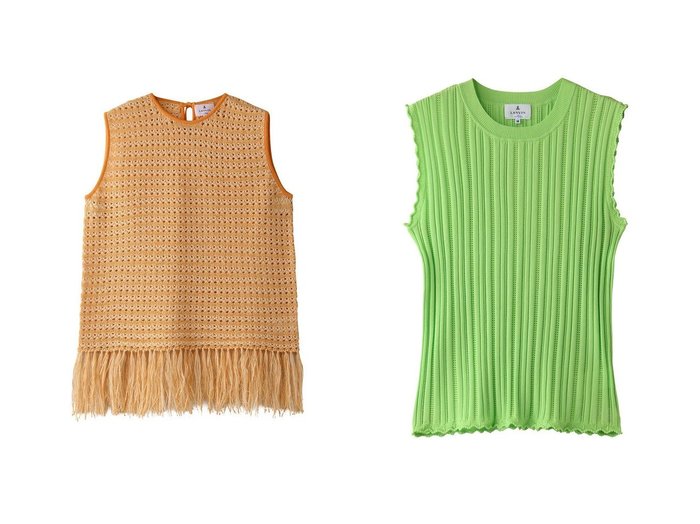【LANVIN en Bleu/ランバン オン ブルー】のフリンジヘムノースリーブニット&アイレットリブノースリーブニット トップス、カットソー おすすめ人気トレンドファッション通販アイテム 人気、トレンドファッション・服の通販 founy(ファニー) 　ファッション　Fashion　レディースファッション　WOMEN　トップス・カットソー　Tops/Tshirt　ニット　Knit Tops　キャミソール / ノースリーブ　No Sleeves　プルオーバー　Pullover　ノースリーブ　No Sleeve　ファブリック　Fabric　フェミニン　Feminine　フリンジ　Fringe　リボン　Ribbon　夏　Summer　NEW・新作・新着・新入荷　New Arrivals　|ID:crp329100000217081