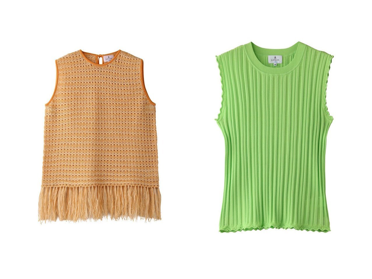 【LANVIN en Bleu/ランバン オン ブルー】のフリンジヘムノースリーブニット&アイレットリブノースリーブニット トップス、カットソー おすすめ人気トレンドファッション通販アイテム インテリア・キッズ・メンズ・レディースファッション・服の通販 founy(ファニー) 　ファッション　Fashion　レディースファッション　WOMEN　トップス・カットソー　Tops/Tshirt　ニット　Knit Tops　キャミソール / ノースリーブ　No Sleeves　プルオーバー　Pullover　ノースリーブ　No Sleeve　ファブリック　Fabric　フェミニン　Feminine　フリンジ　Fringe　リボン　Ribbon　夏　Summer　NEW・新作・新着・新入荷　New Arrivals　ピンク系　Pink　ブラック系　Black　グリーン系　Green　オレンジ系　Orange　グレー系　Gray　|ID:crp329100000217081