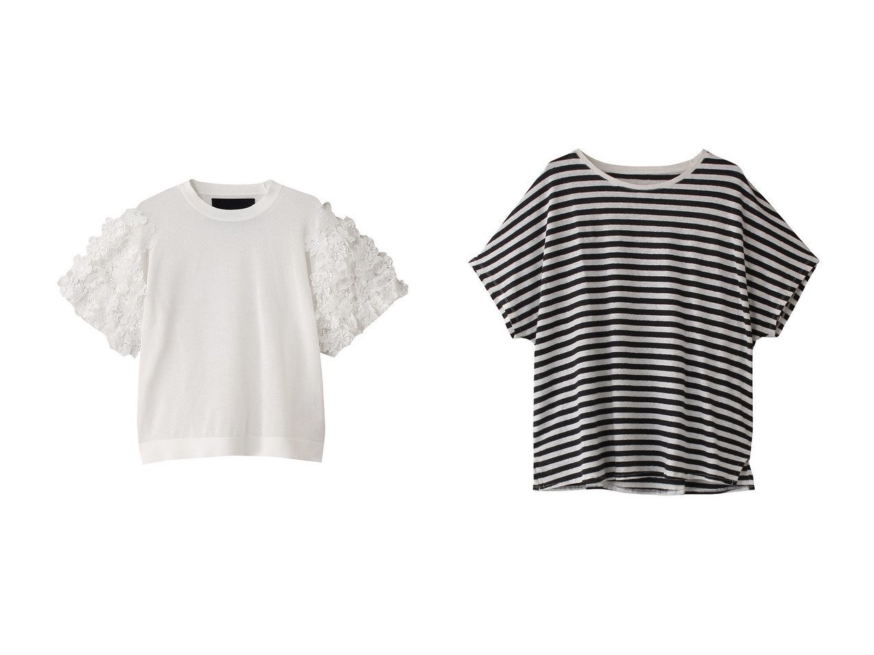 【heliopole/エリオポール】の【MAJESTIC FILATURES】ボーダークルーネックカットソー&【boussole】FLOWER SLEEVE ニット トップス、カットソー おすすめ人気トレンドファッション通販アイテム インテリア・キッズ・メンズ・レディースファッション・服の通販 founy(ファニー) 　ファッション　Fashion　レディースファッション　WOMEN　トップス・カットソー　Tops/Tshirt　ニット　Knit Tops　プルオーバー　Pullover　シャツ/ブラウス　Shirts/Blouses　ロング / Tシャツ　T-Shirts　カットソー　Cut and Sewn　ショート　Short　デニム　Denim　バランス　Balance　フラワー　Flower　レース　Race　夏　Summer　NEW・新作・新着・新入荷　New Arrivals　春　Spring　S/S・春夏　Ss・Spring/Summer　カットソー　Cut And Sew　シンプル　Simple　スリーブ　Sleeve　ボーダー　Border　リネン　Linen　定番　Standard　ホワイト系　White　ブルー系　Blue　ブラック系　Black　ベージュ系　Beige　|ID:crp329100000217134