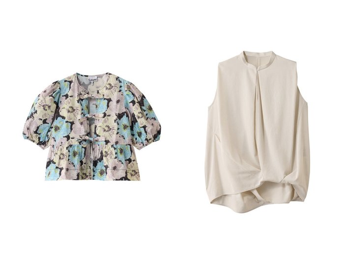 【LANVIN en Bleu/ランバン オン ブルー】のアシンメコクーンヘムスキッパーブラウス&【GANNI/ガニー】のPrinted Cotton ペプラム ブラウス トップス、カットソー おすすめ人気トレンドファッション通販アイテム 人気、トレンドファッション・服の通販 founy(ファニー) 　ファッション　Fashion　レディースファッション　WOMEN　トップス・カットソー　Tops/Tshirt　シャツ/ブラウス　Shirts/Blouses　キャミソール / ノースリーブ　No Sleeves　ショート　Short　スリーブ　Sleeve　フェミニン　Feminine　フラワー　Flower　フロント　Front　プリント　Print　ペプラム　Peplum　リボン　Ribbon　夏　Summer　NEW・新作・新着・新入荷　New Arrivals　|ID:crp329100000217154
