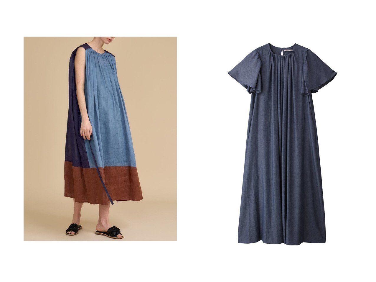 【HOUSE OF LOTUS/ハウス オブ ロータス】のラミーブロッキングワンピース&ナチュラルシャンブレーギャザーワンピース ワンピース、ドレス おすすめ人気トレンドファッション通販アイテム インテリア・キッズ・メンズ・レディースファッション・服の通販 founy(ファニー) 　ファッション　Fashion　レディースファッション　WOMEN　ワンピース　Dress　チュニック　Tunic　チュニック　Tunic　ドローコード　Draw Cord　ロング　Long　夏　Summer　NEW・新作・新着・新入荷　New Arrivals　ギャザー　Gather　シャンブレー　Chambray　エレガント 上品　Elegant　吸水　Water Absorption　軽量　Lightweight　ブルー系　Blue　ブラウン系　Brown　|ID:crp329100000217276