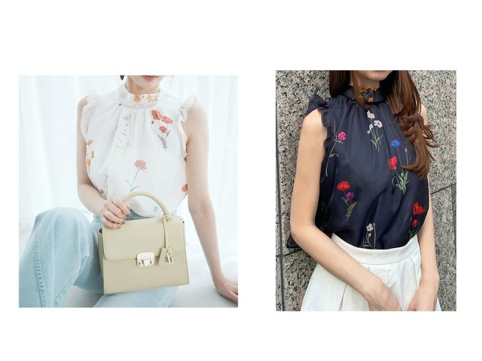 【SNIDEL/スナイデル】の華やかな花柄と軽やかさを纏う ノースリバックリボンプリントブラウス おすすめ人気トレンドファッション通販アイテム 人気、トレンドファッション・服の通販 founy(ファニー) ファッション Fashion レディースファッション WOMEN トップス・カットソー Tops/Tshirt シャツ/ブラウス Shirts/Blouses エレガント 上品 Elegant カラフル Colorful ギャザー Gather フラワー Flower フリル Frills フレア Flare プリント Print モチーフ Motif リアル Real リボン Ribbon 今季 This Season |ID:crp329100000217557
