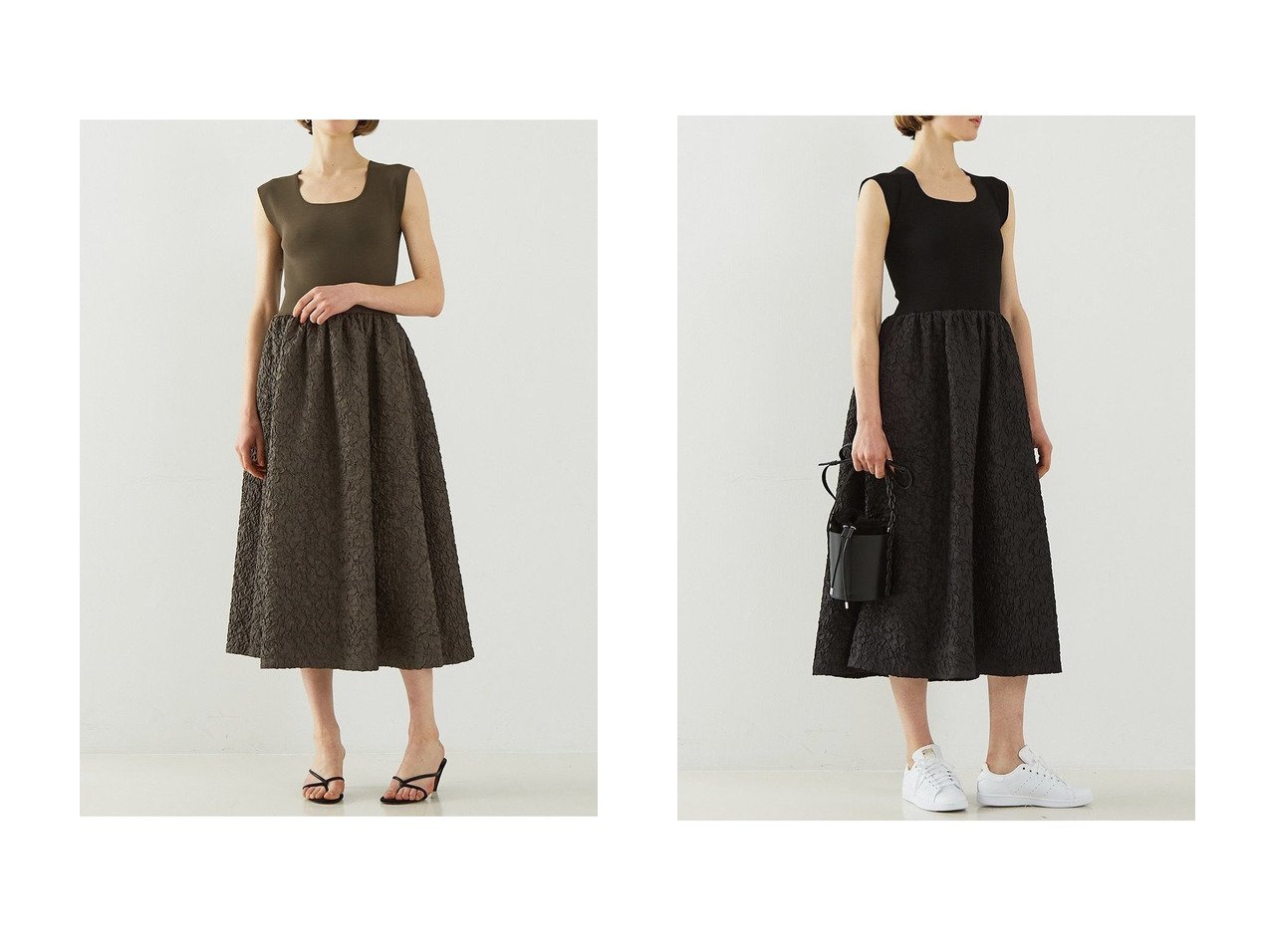 華やかさとスタイルアップを両立 DESIGN WORKSのフクレジャガードニットコンビワンピース おすすめ人気トレンドファッション通販アイテム インテリア・キッズ・メンズ・レディースファッション・服の通販 founy(ファニー) 　ファッション　Fashion　レディースファッション　WOMEN　ワンピース　Dress　チュニック　Tunic　おすすめ　Recommend　オケージョン　Occasion　チュニック　Tunic　フィット　Fit　リブニット　Rib Knit　ロング　Long　NEW・新作・新着・新入荷　New Arrivals　グリーン系　Green　ブラック系　Black　|ID:crp329100000217576