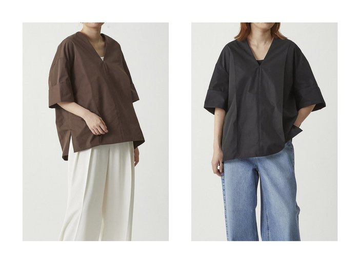 【1er Arrondissement/プルミエ アロンディスモン】ブザムディテールが際立つ上品モードなVネックブラウス おすすめ人気トレンドファッション通販アイテム 人気、トレンドファッション・服の通販 founy(ファニー) 　ファッション　Fashion　レディースファッション　WOMEN　トップス・カットソー　Tops/Tshirt　シャツ/ブラウス　Shirts/Blouses　Vネック　V-Neck　おすすめ　Recommend　カフス　Cuffs　ショート　Short　スリーブ　Sleeve　タイプライター　Typewriter　別注　Special Order　NEW・新作・新着・新入荷　New Arrivals　|ID:crp329100000217603