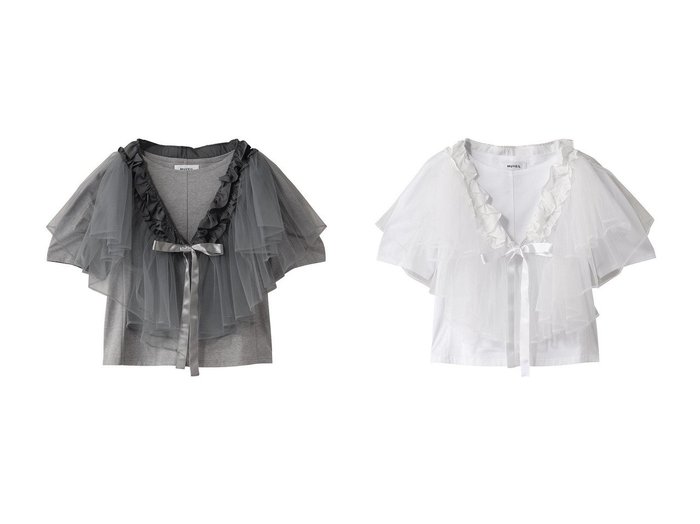 【MUVEIL/ミュベール】チュールパーツで自在にアレンジ！多彩な着こなしが叶うモードTシャツ おすすめ人気トレンドファッション通販アイテム 人気、トレンドファッション・服の通販 founy(ファニー) ファッション Fashion レディースファッション WOMEN トップス・カットソー Tops/Tshirt シャツ/ブラウス Shirts/Blouses ロング / Tシャツ T-Shirts カットソー Cut and Sewn ギャザー Gather コンパクト Compact ショート Short スリーブ Sleeve センター Center |ID:crp329100000217896