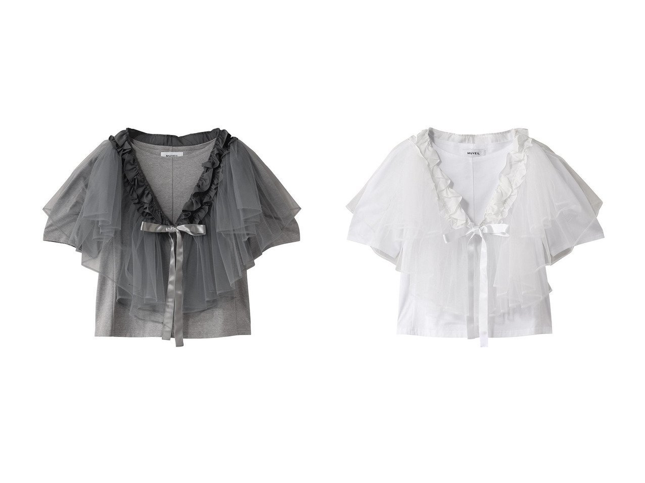 【MUVEIL/ミュベール】チュールパーツで自在にアレンジ！多彩な着こなしが叶うモードTシャツ おすすめ人気トレンドファッション通販アイテム インテリア・キッズ・メンズ・レディースファッション・服の通販 founy(ファニー) 　ファッション　Fashion　レディースファッション　WOMEN　トップス・カットソー　Tops/Tshirt　シャツ/ブラウス　Shirts/Blouses　ロング / Tシャツ　T-Shirts　カットソー　Cut and Sewn　ギャザー　Gather　コンパクト　Compact　ショート　Short　スリーブ　Sleeve　センター　Center　ホワイト系　White　ブラック系　Black　グレー系　Gray　|ID:crp329100000217896
