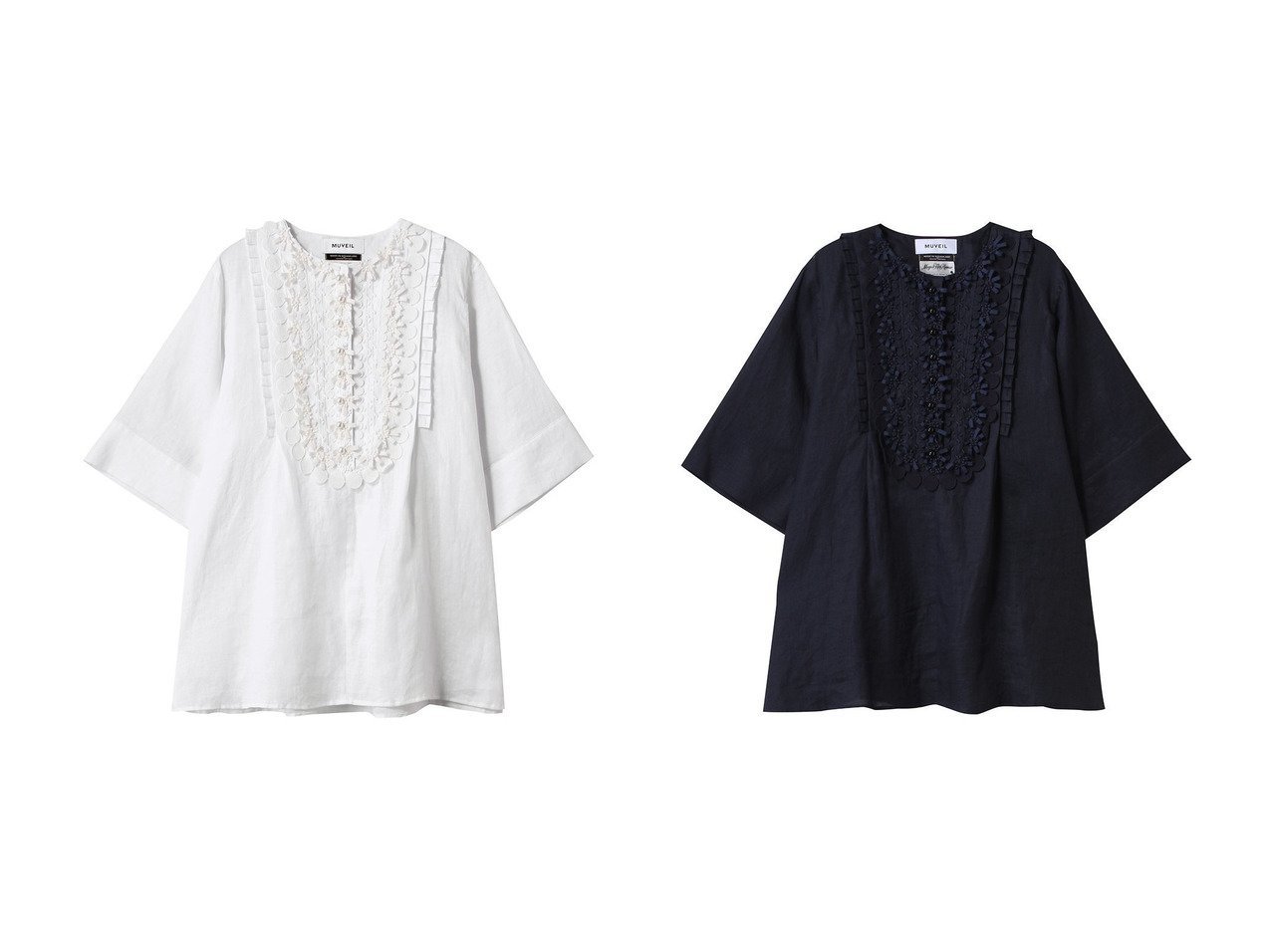 【MUVEIL/ミュベール】繊細レースが華やかに彩る、上品チュニックワンピース おすすめ人気トレンドファッション通販アイテム インテリア・キッズ・メンズ・レディースファッション・服の通販 founy(ファニー) 　ファッション　Fashion　レディースファッション　WOMEN　ワンピース　Dress　チュニック　Tunic　スリーブ　Sleeve　チュニック　Tunic　ハーフ　Half　フェミニン　Feminine　フロント　Front　リネン　Linen　レース　Race　エレガント 上品　Elegant　夏　Summer　春　Spring　S/S・春夏　Ss・Spring/Summer　ホワイト系　White　ブルー系　Blue　|ID:crp329100000217900
