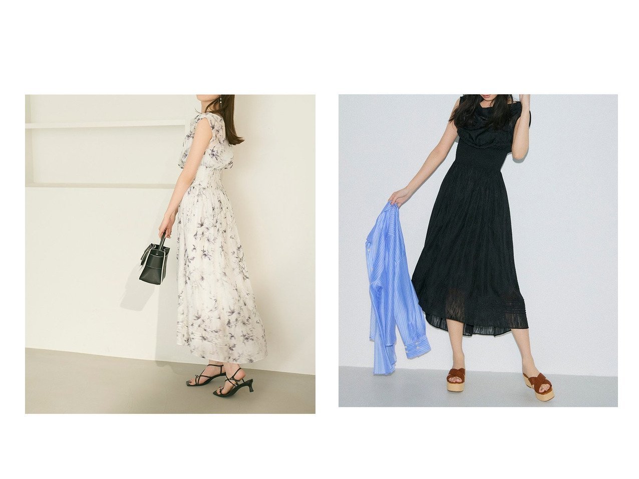 【FRAY I.D/フレイ アイディー】ドレープが描く上品な揺れ感 FRAY I.Dの華やかプリントワンピース おすすめ人気トレンドファッション通販アイテム インテリア・キッズ・メンズ・レディースファッション・服の通販 founy(ファニー) 　ファッション　Fashion　レディースファッション　WOMEN　ワンピース　Dress　シャーリング　Shirring　ジョーゼット　Georgette　ドレープ　Drape　バランス　Balance　フィット　Fit　フレア　Flare　プリント　Print　モノトーン　Monotone　|ID:crp329100000217940