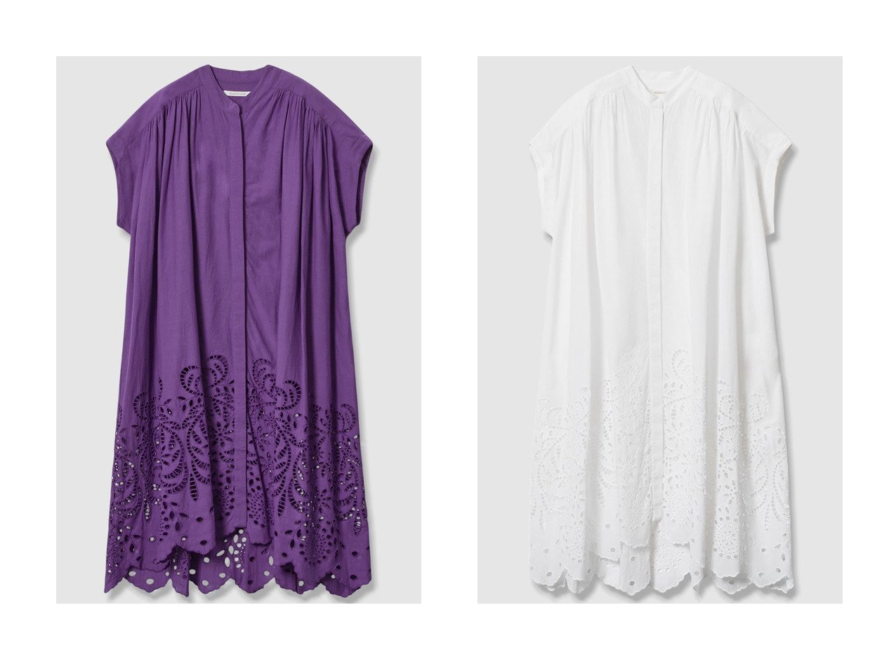 【HOUSE OF LOTUS/ハウス オブ ロータス】刺しゅうレースが華やかに揺れる涼感シャツワンピース おすすめ人気トレンドファッション通販アイテム インテリア・キッズ・メンズ・レディースファッション・服の通販 founy(ファニー) 　ファッション　Fashion　レディースファッション　WOMEN　ワンピース　Dress　シャツワンピース　Shirt Dresses　チュニック　Tunic　ギャザー　Gather　スカラップ　Scalloped　チュニック　Tunic　ボタニカル　Botanical　レース　Race　ロング　Long　ワーク　Work　半袖　Short Sleeve　NEW・新作・新着・新入荷　New Arrivals　羽織　Haori　ホワイト系　White　パープル系　Purple　ブラック系　Black　|ID:crp329100000217977