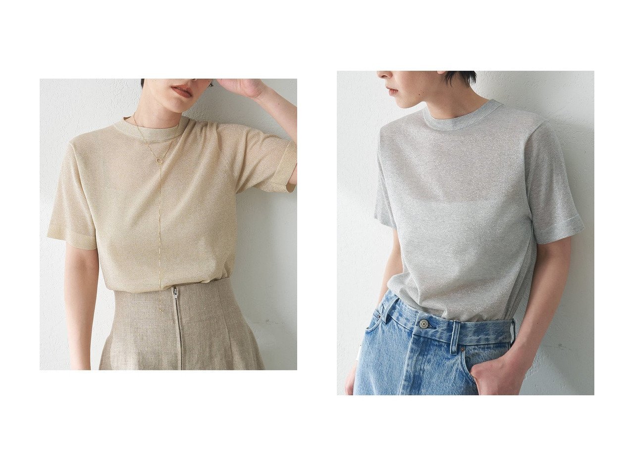 【Whim Gazette/ウィムガゼット】繊細ラメ×透け感で魅せる大人の半袖ニット おすすめ人気トレンドファッション通販アイテム インテリア・キッズ・メンズ・レディースファッション・服の通販 founy(ファニー) 　ファッション　Fashion　レディースファッション　WOMEN　トップス・カットソー　Tops/Tshirt　ニット　Knit Tops　プルオーバー　Pullover　おすすめ　Recommend　アンサンブル　Ensemble　インナー　Inner　カーディガン　Cardigan　シアー　Sheer　シルバー　Silver　ジャケット　Jacket　ボトム　Bottom　エレガント 上品　Elegant　半袖　Short Sleeve　NEW・新作・新着・新入荷　New Arrivals　ベージュ系　Beige　ゴールド系　Gold　|ID:crp329100000218032