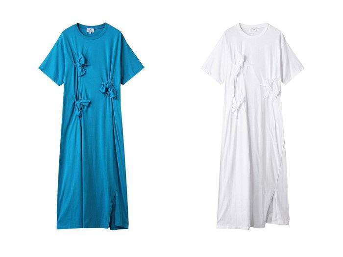 【LANVIN en Bleu/ランバン オン ブルー】ラフなリボンで魅せる 遊び心とフェミニンさが光るカットソーワンピース おすすめ人気トレンドファッション通販アイテム 人気、トレンドファッション・服の通販 founy(ファニー) 　ファッション　Fashion　レディースファッション　WOMEN　ワンピース　Dress　チュニック　Tunic　アシンメトリー　Asymmetry　ギャザー　Gather　スリット　Slit　チュニック　Tunic　フェミニン　Feminine　リボン　Ribbon　ロング　Long　NEW・新作・新着・新入荷　New Arrivals　|ID:crp329100000218288