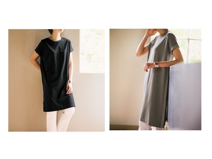 【DoCLASSE/ドゥクラッセ】ラメラインが洗練を添える シルキーなチュニックトップス おすすめ人気トレンドファッション通販アイテム 人気、トレンドファッション・服の通販 founy(ファニー) 　ファッション　Fashion　レディースファッション　WOMEN　トップス・カットソー　Tops/Tshirt　NEW・新作・新着・新入荷　New Arrivals　カットソー　Cut And Sew　クール　Cool　シルク　Silk　ストレート　Straight　スマート　Smart　チュニック　Tunic　|ID:crp329100000218579