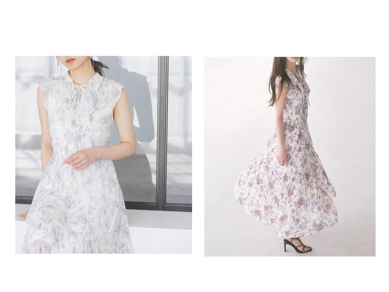 【SNIDEL/スナイデル】華やかさと上品さを兼ね備えた レースアップ×フリルのプリーツシフォンワンピース おすすめ人気トレンドファッション通販アイテム インテリア・キッズ・メンズ・レディースファッション・服の通販 founy(ファニー) 　ファッション　Fashion　レディースファッション　WOMEN　ワンピース　Dress　インナー　Inner　シャーリング　Shirring　ドレープ　Drape　ノースリーブ　No Sleeve　フラワー　Flower　フリル　Frills　プリント　Print　プリーツ　Pleats　リボン　Ribbon　レース　Race　エレガント 上品　Elegant　今季　This Season　|ID:crp329100000218652