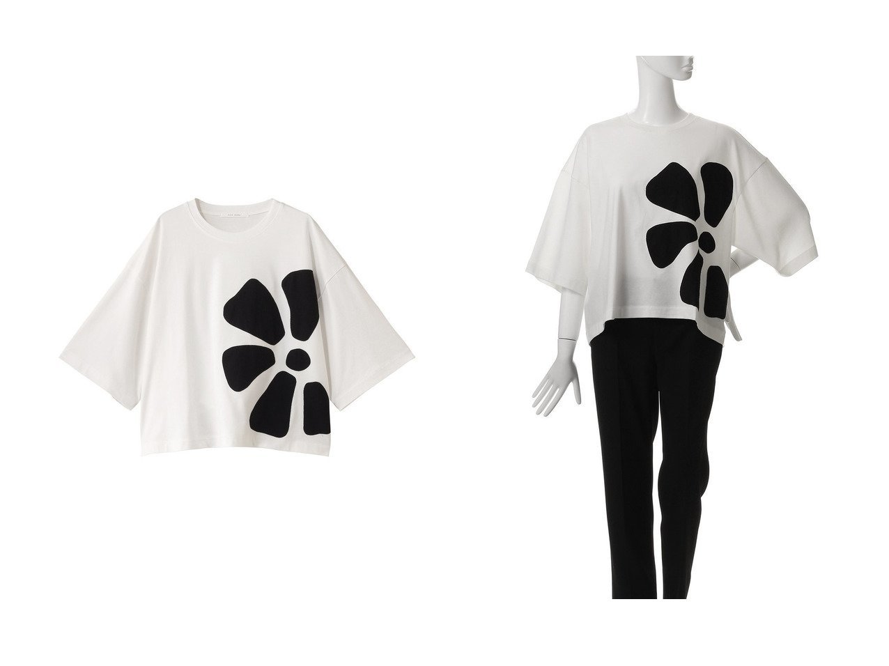 【PLAIN PEOPLE/プレインピープル】モノトーンで魅せる モードな花アップリケTシャツ おすすめ人気トレンドファッション通販アイテム インテリア・キッズ・メンズ・レディースファッション・服の通販 founy(ファニー) 　ファッション　Fashion　レディースファッション　WOMEN　トップス・カットソー　Tops/Tshirt　シャツ/ブラウス　Shirts/Blouses　ロング / Tシャツ　T-Shirts　カットソー　Cut and Sewn　2025年　2025　アシンメトリー　Asymmetry　ショート　Short　スリーブ　Sleeve　フラワー　Flower　モチーフ　Motif　モノトーン　Monotone　A/W・秋冬　Aw・Autumn/Winter・Fw・Fall-Winter　ホワイト系　White　|ID:crp329100000218755