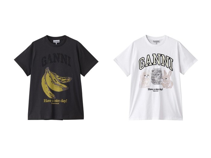 【GANNI/ガニー】バナナモチーフで気分もアップ 遊び心たっぷりのロゴTシャツ＆ポップなアニマル柄で視線を集める大人かわいいTシャツ おすすめ人気トレンドファッション通販アイテム 人気、トレンドファッション・服の通販 founy(ファニー) ファッション Fashion レディースファッション WOMEN トップス・カットソー Tops/Tshirt シャツ/ブラウス Shirts/Blouses ロング / Tシャツ T-Shirts カットソー Cut and Sewn 2025年 2025 ショート Short ジャージー Jersey スリーブ Sleeve プリント Print ベーシック Basic モチーフ Motif リラックス Relax 定番 Standard 無地 Plain Color A/W・秋冬 Aw・Autumn/Winter・Fw・Fall-Winter |ID:crp329100000218772