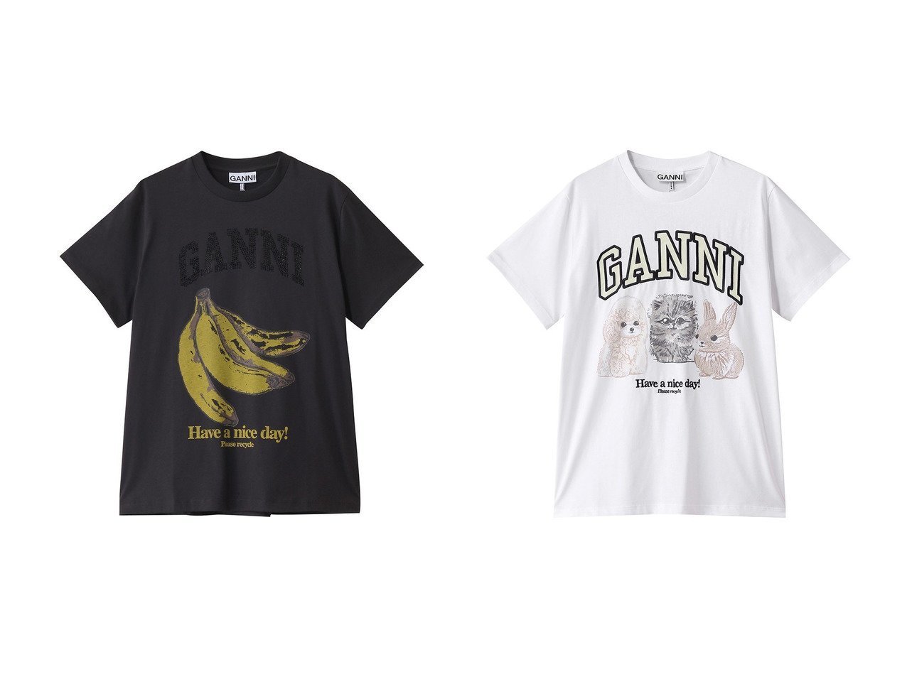 【GANNI/ガニー】バナナモチーフで気分もアップ 遊び心たっぷりのロゴTシャツ＆ポップなアニマル柄で視線を集める大人かわいいTシャツ おすすめ人気トレンドファッション通販アイテム インテリア・キッズ・メンズ・レディースファッション・服の通販 founy(ファニー) 　ファッション　Fashion　レディースファッション　WOMEN　トップス・カットソー　Tops/Tshirt　シャツ/ブラウス　Shirts/Blouses　ロング / Tシャツ　T-Shirts　カットソー　Cut and Sewn　2025年　2025　ショート　Short　ジャージー　Jersey　スリーブ　Sleeve　プリント　Print　ベーシック　Basic　モチーフ　Motif　リラックス　Relax　定番　Standard　無地　Plain Color　A/W・秋冬　Aw・Autumn/Winter・Fw・Fall-Winter　ホワイト系　White　|ID:crp329100000218772