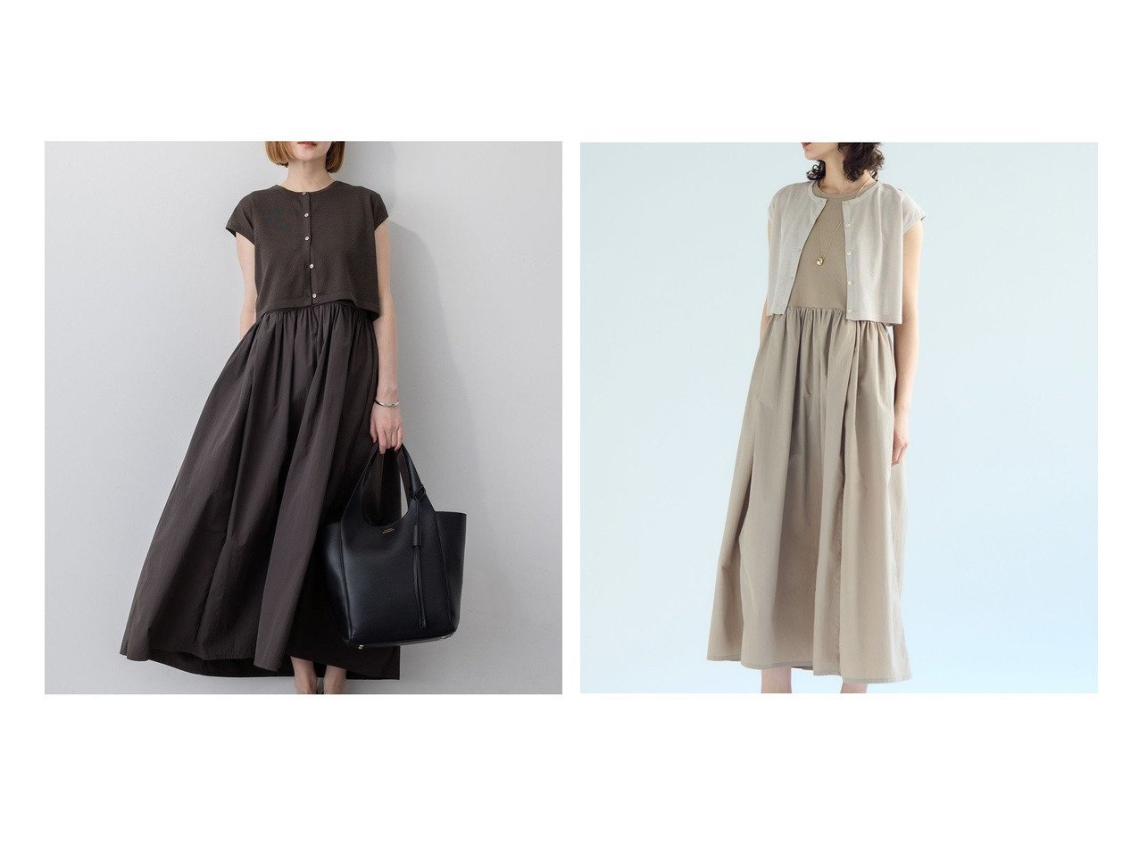 【NIJYUSANKU/23区】カーディガン付きノースリーブギャザーワンピースセット おすすめ人気トレンドファッション通販アイテム インテリア・キッズ・メンズ・レディースファッション・服の通販 founy(ファニー) 　ファッション　Fashion　レディースファッション　WOMEN　ワンピース　Dress　春　Spring　洗える　Washable　カーディガン　Cardigan　ギャザー　Gather　ストレッチ　Stretch　テレコ　Tereko　ドッキング　Docking　ノースリーブ　No Sleeve　バランス　Balance　半袖　Short Sleeve　S/S・春夏　Ss・Spring/Summer　NEW・新作・新着・新入荷　New Arrivals　夏　Summer　2025年　2025　2025春夏・S/S　Ss,Spring/Summer,2025　ベージュ系　Beige　ブラウン系　Brown　ブルー系　Blue　|ID:crp329100000218898